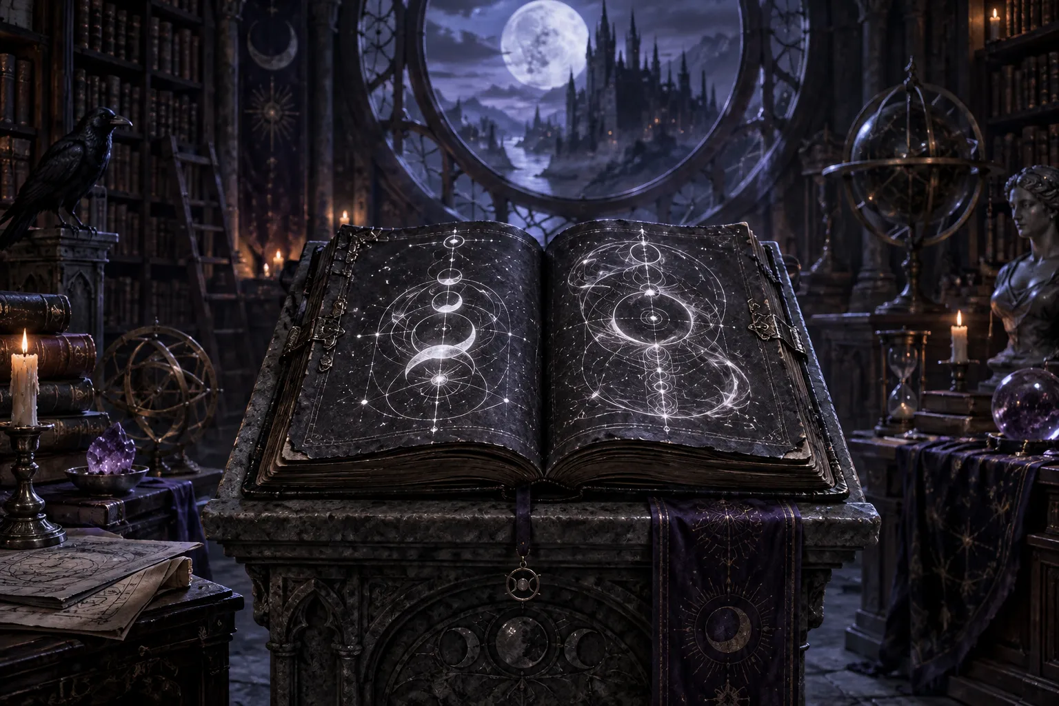 Original editorial art of an ancient black book in a moonlit library