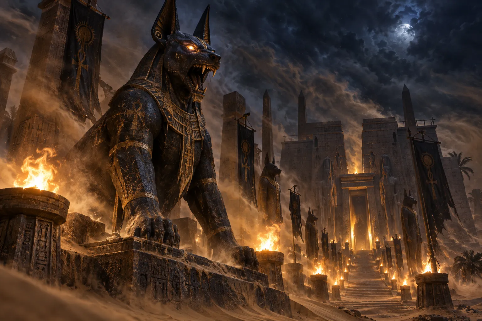 Original editorial art of a black-stone jackal guardian in a desert temple