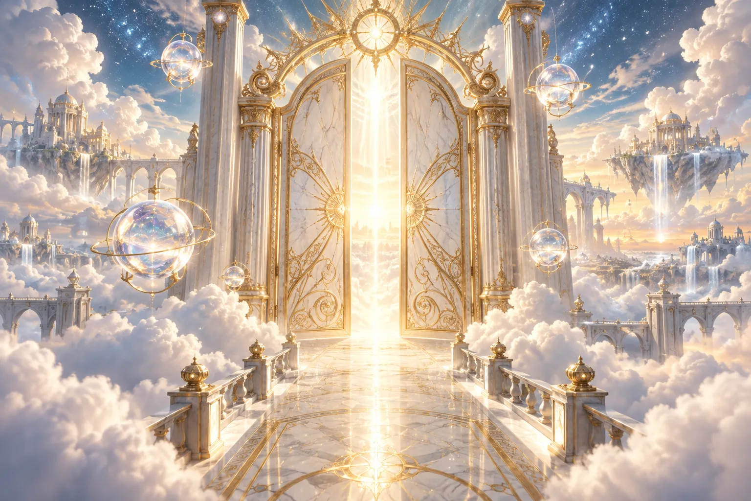 Original editorial art of an alabaster gateway above luminous clouds