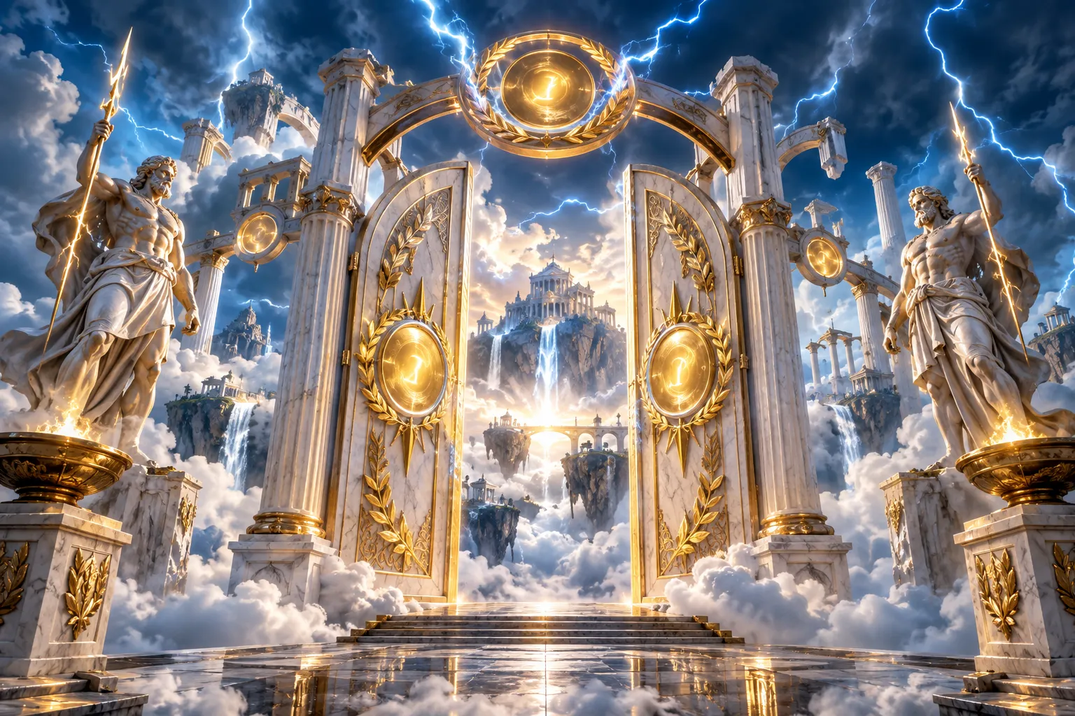 Original editorial art of marble thunder gates above storm clouds