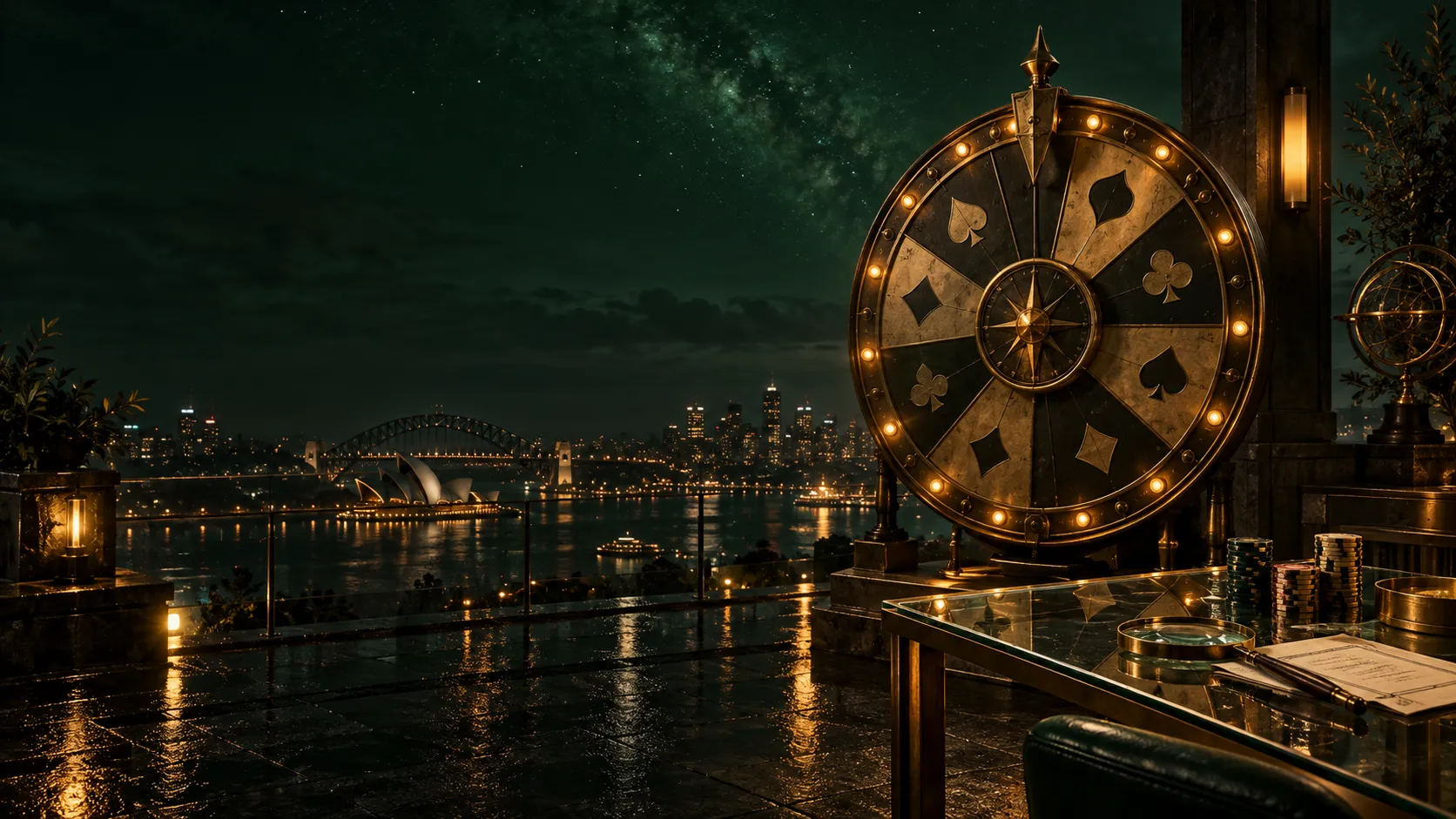 Brass fortune wheel above Sydney at night