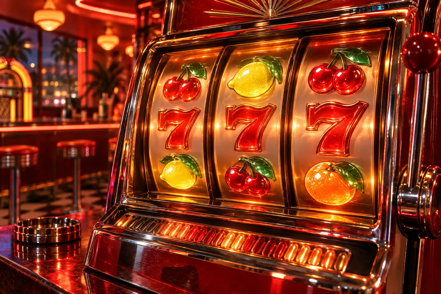 Original editorial art of glowing fruit symbols in a retro neon arcade