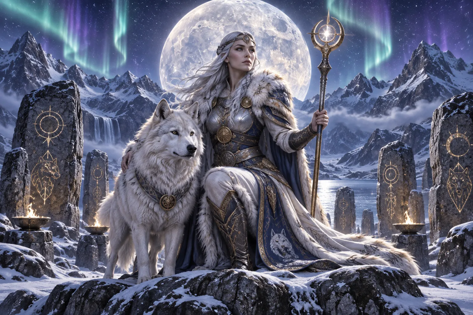 Original editorial art of a wolf guardian and white wolf beneath a full moon
