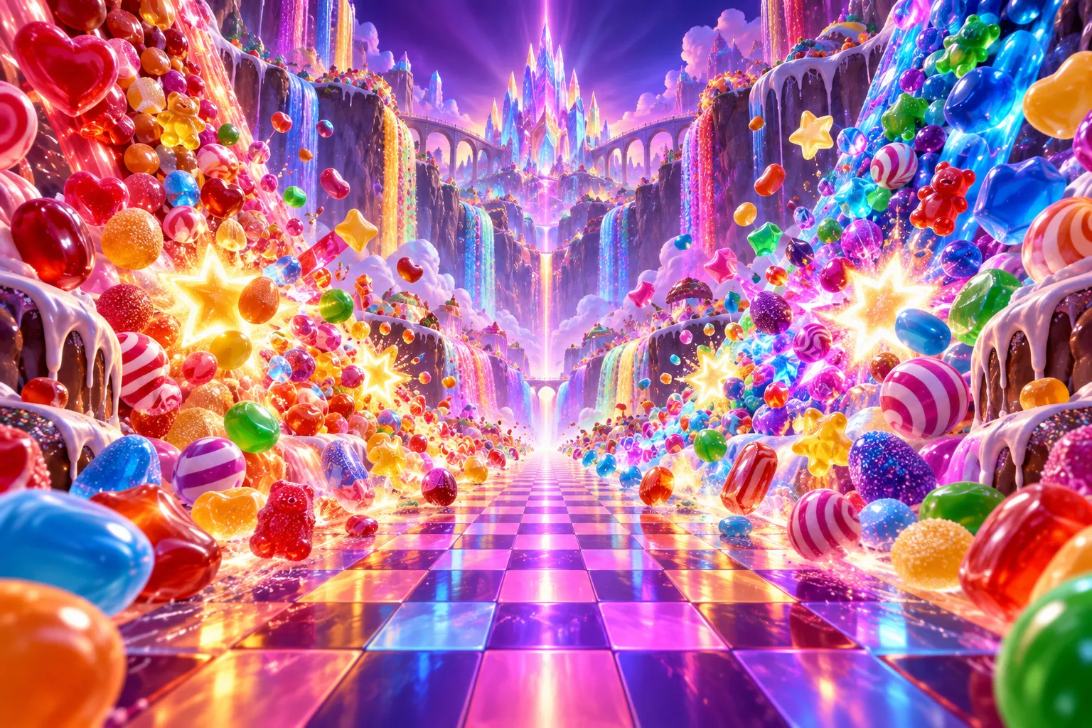 Original editorial art of jewel-like sweets colliding in a crystalline canyon