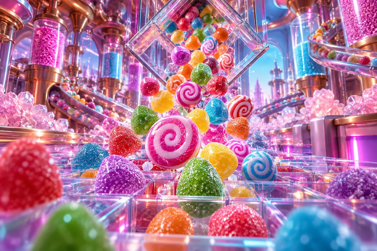 Original editorial art of sweets cascading through a candy laboratory