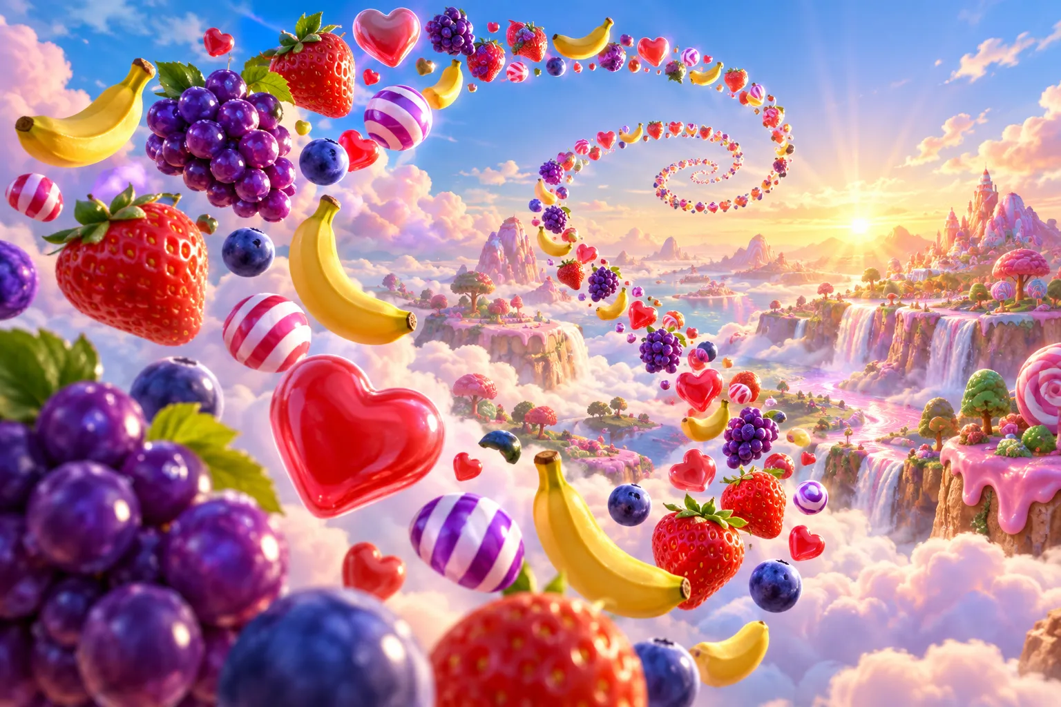 Original editorial art of fruit and sweets spiralling above pastel clouds
