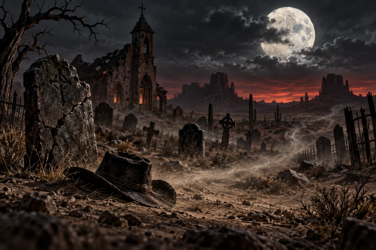 Original editorial art of a moonlit desert graveyard beside a ruined church